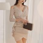 Cutout Shoulder Lace Panel Long-sleeve Sheath Dress