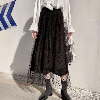 Pleated Dotted Velvet Midi Skirt Black - One Size