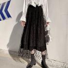 Pleated Dotted Velvet Midi Skirt Black - One Size
