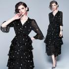 Star Print 3/4-sleeve Midi Layered Dress