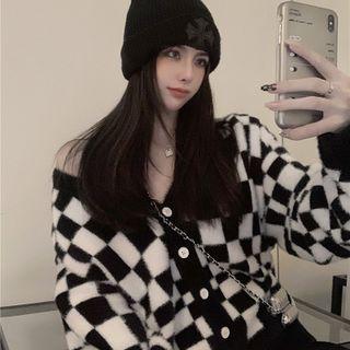 Plaid Oversize Cardigan Black - One Size
