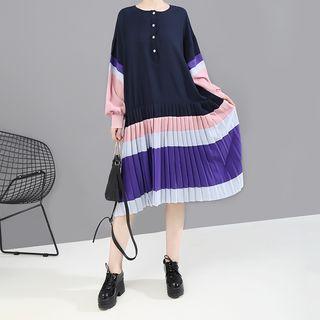 Color Block Long-sleeve Dress Blue - One Size