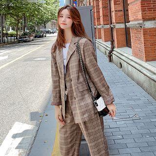 Double Breasted Plaid Blazer / Dress Pants / A-line Mini Skirt / Set