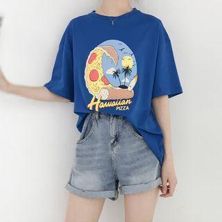 Elbow-sleeve Printed T-shirt Hawaiian Pizza - Blue - One Size