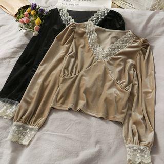 Lace-trim Velvet Crop Top