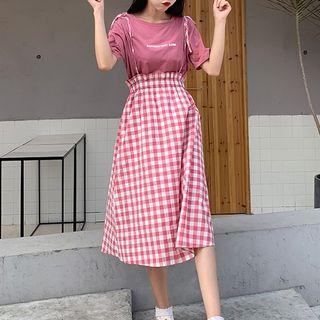Short-sleeve Letter Printed T-shirt / Ribbon Strap Plaid Dress
