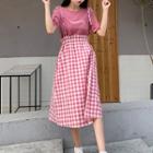 Short-sleeve Letter Printed T-shirt / Ribbon Strap Plaid Dress