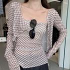 Set: Checkered Camisole Top + Cropped Light Jacket Set - Check - Brown & White - One Size