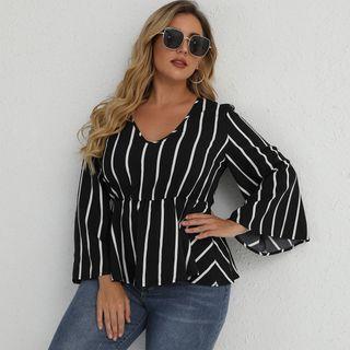 Plus Size V-neck Striped Blouse