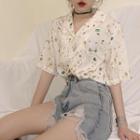 Elbow-sleeve Floral Chiffon Shirt As Shown In Figure - One Size