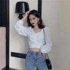 V-neck Puff-sleeve Ruched Cropped Top