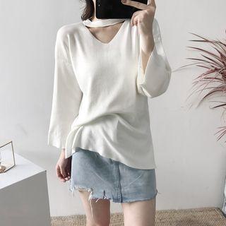Long-sleeve Cutout Plain Knit Top