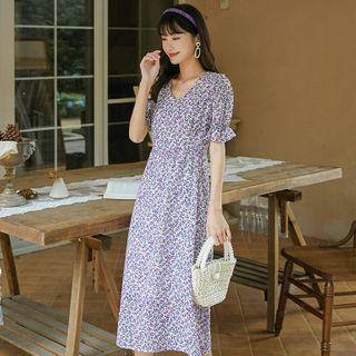 Short-sleeve Cutout Floral Print Midi A-line Dress