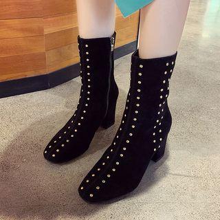 Square-toe Chunky Heel Studded Short Boots