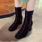 Square-toe Chunky Heel Studded Short Boots