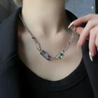 Rhinestone Chain Necklace Green Rhinestone - Silver - One Size