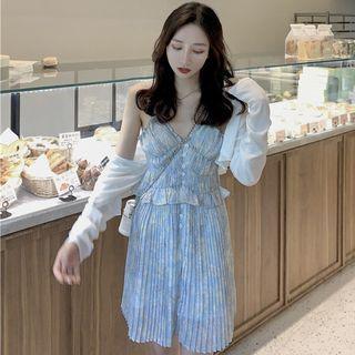 Spaghetti-strap Floral A-line Dress / Cardigan / Set
