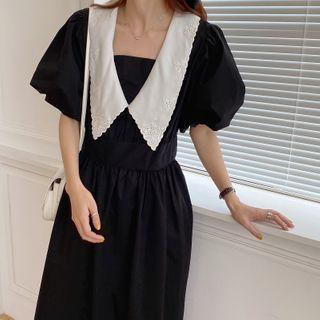 Puff-sleeve Color Block Slim Fit Dress