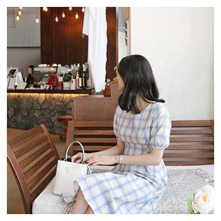 Tie-front Plaid Dress Blue - One Size