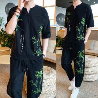 Set: Printed Elbow-sleeve T-shirt + Pants