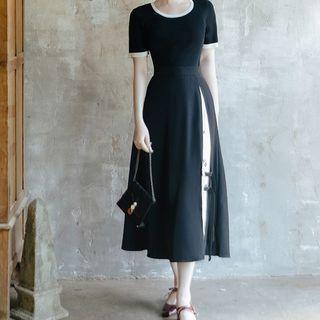 Short-sleeve Contrast Trim Knit Top / Midi A-line Skirt