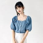 Square Neckline Denim Puff-sleeve Top