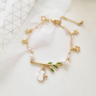 Alloy Cat & Star Faux Pearl Bracelet Gold - One Size
