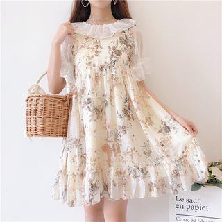 Short-sleeve Lace Top / Spaghetti Strap Midi Floral Dress