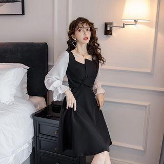 Two-tone Lantern-sleeve A-line Dress