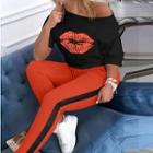 Set: Lips Print Short-sleeve T-shirt + Two-tone Sweatpants