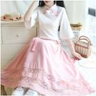 Traditional Chinese Set: 3/4-sleeve Top + A-line Midi Skirt