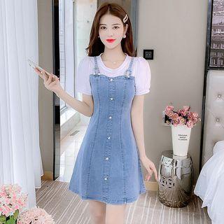 Mock Two-piece Denim Spaghetti-strap Dress