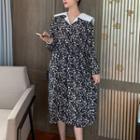 Contrast Collar Long-sleeve Floral Midi A-line Dress