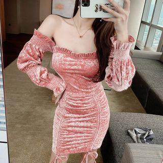 Long-sleeve Off-shoulder Floral Velvet Mini Dress