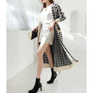 V-neck Houndstooth Long Cardigan With Sash