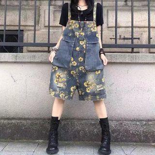 Floral Denim Wide-leg Jumper Shorts