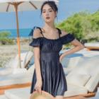 Cold-shoulder Ruffled Dotted Swimdress
