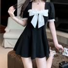 Short-sleeve Lace Trim Bow Accent Mini A-line Dress