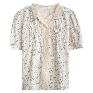 Short-sleeve Flower Print Lace Trim Shirt Shirt - Blue & White - One Size