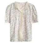 Short-sleeve Flower Print Lace Trim Shirt Shirt - Blue & White - One Size