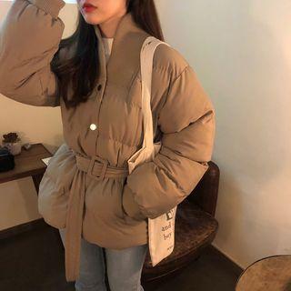 Stand Collar Belt Puffer Jacket