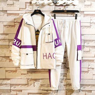 Lettering Hooded Zip Jacket / Paneled Cargo Pants / Set