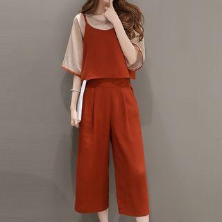 Set: Elbow-sleeve T-shirt + Spaghetti Strap Top + Wide Leg Pants