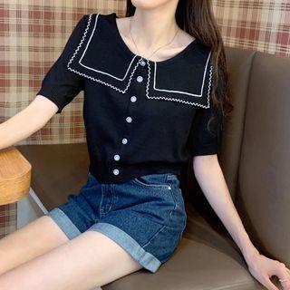 Short Sleeve Sailor Collar Crop Knit Top