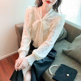 Long-sleeve Ruffle Trim Tie-neck Knit Top