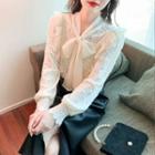 Long-sleeve Ruffle Trim Tie-neck Knit Top