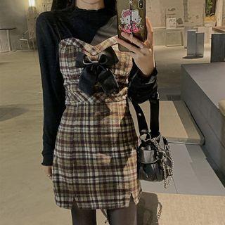 Spaghetti Strap Plaid Bow Mini A-line Dress / Long-sleeve T-shirt