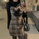 Spaghetti Strap Plaid Bow Mini A-line Dress / Long-sleeve T-shirt