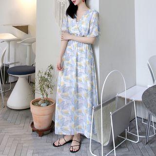 Printed Smocked-waist Long Chiffon Dress Blue - One Size