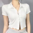 Short-sleeve Collared Button-up Frill Trim Crop Top